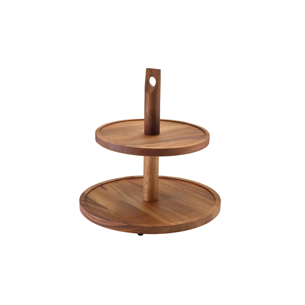 Genware Acacia Wood Two Tier Cake Stand, Wooden Tiered Cake Stand Uk